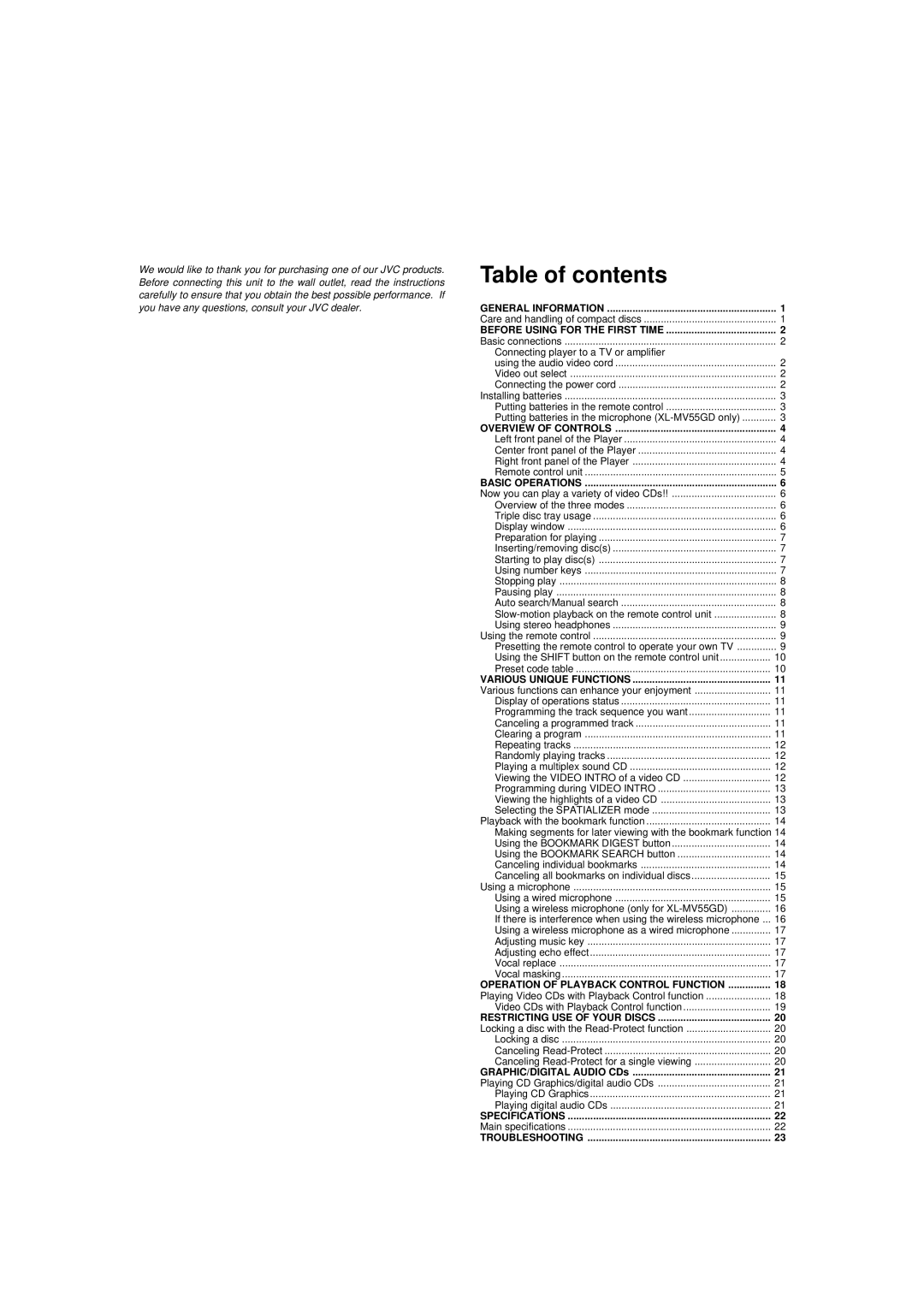 JVC XL-MV55GD, XL-MV33BK manual Table of contents 