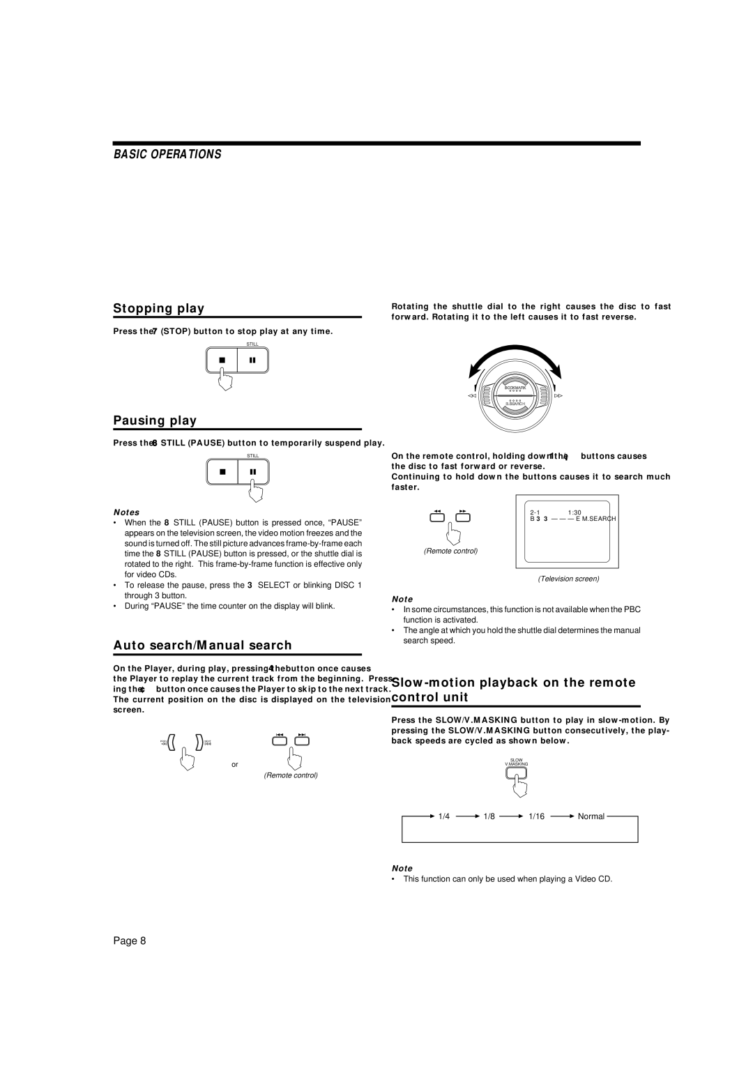 JVC XL-MV35TN Stopping play, Pausing play, Auto search/Manual search, Slow-motion playback on the remote control unit 