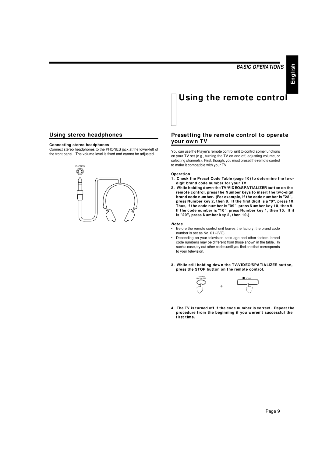 JVC XL-MV35TN Using the remote control, Using stereo headphones, Presetting the remote control to operate your own TV 