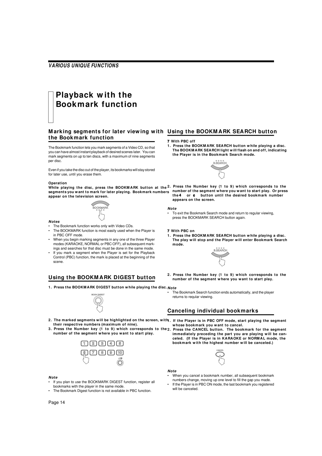 JVC XL-MV35TN manual Playback with Bookmark function, Using the Bookmark Digest button, Using the Bookmark Search button 