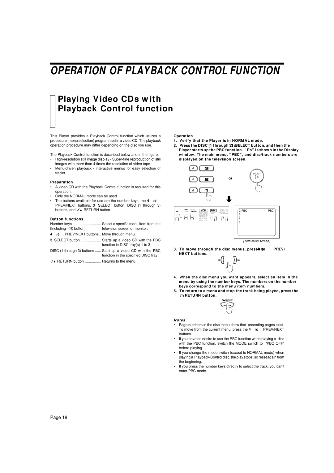 JVC XL-MV35TN manual Playing Video CDs with Playback Control function, Button functions 