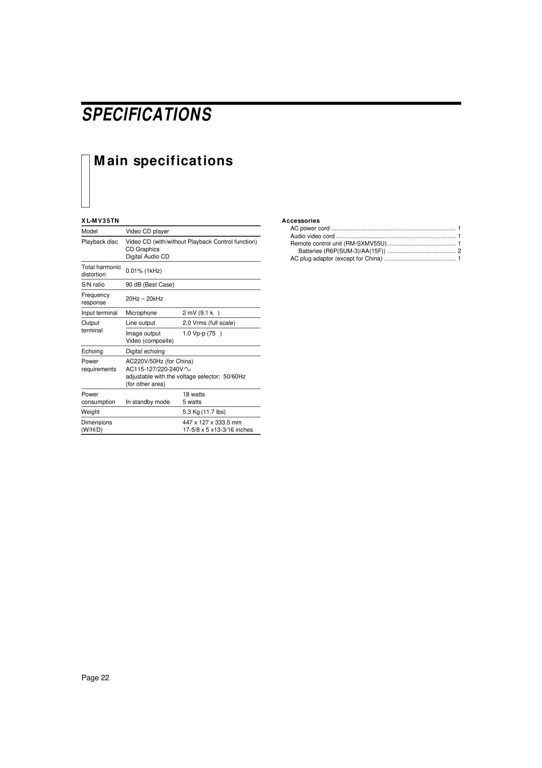 JVC XL-MV35TN manual Specifications, Main specifications 