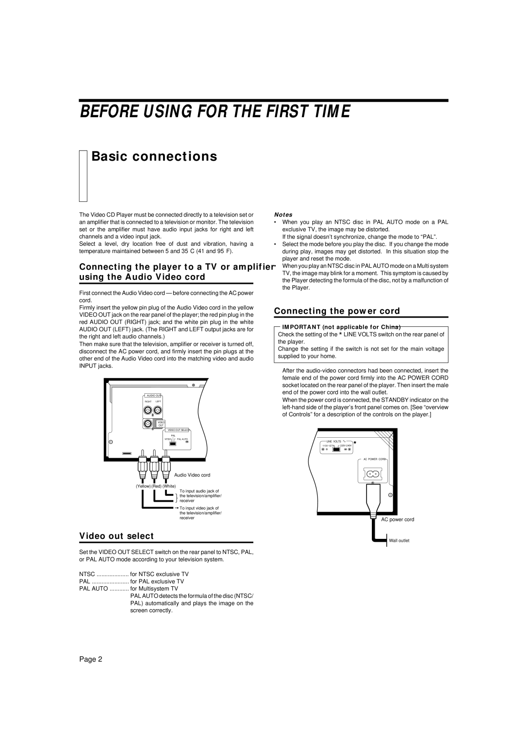 JVC XL-MV35TN manual Before Using for the First Time, Basic connections, Connecting the power cord, Video out select 