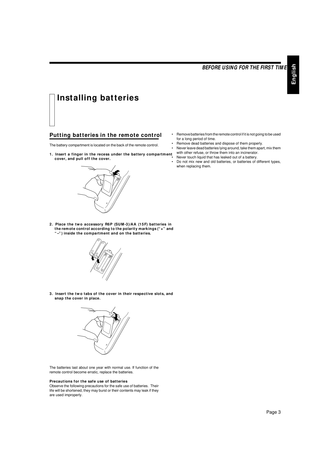 JVC XL-MV35TN Installing batteries, Putting batteries in the remote control, Precautions for the safe use of batteries 