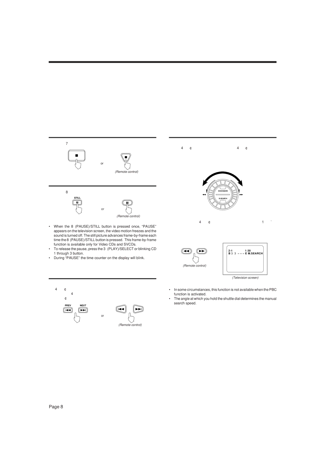 JVC XL-MV7000GD manual Stopping play, Pausing play, Skipping the track, Manual search 