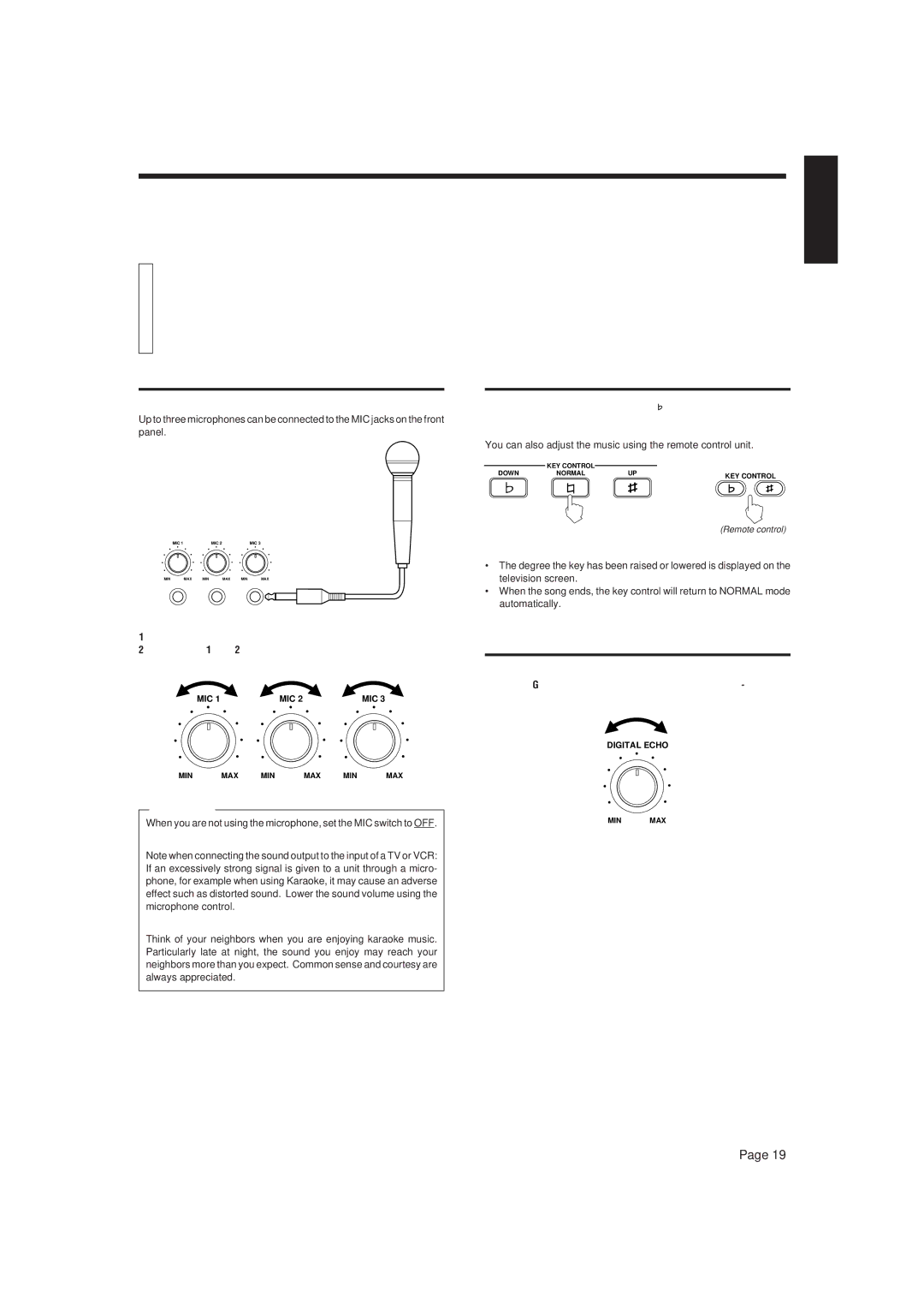 JVC XL-MV7000GD manual Using a microphone, Using a wired microphone, Adjusting music key, Adjusting echo effect 