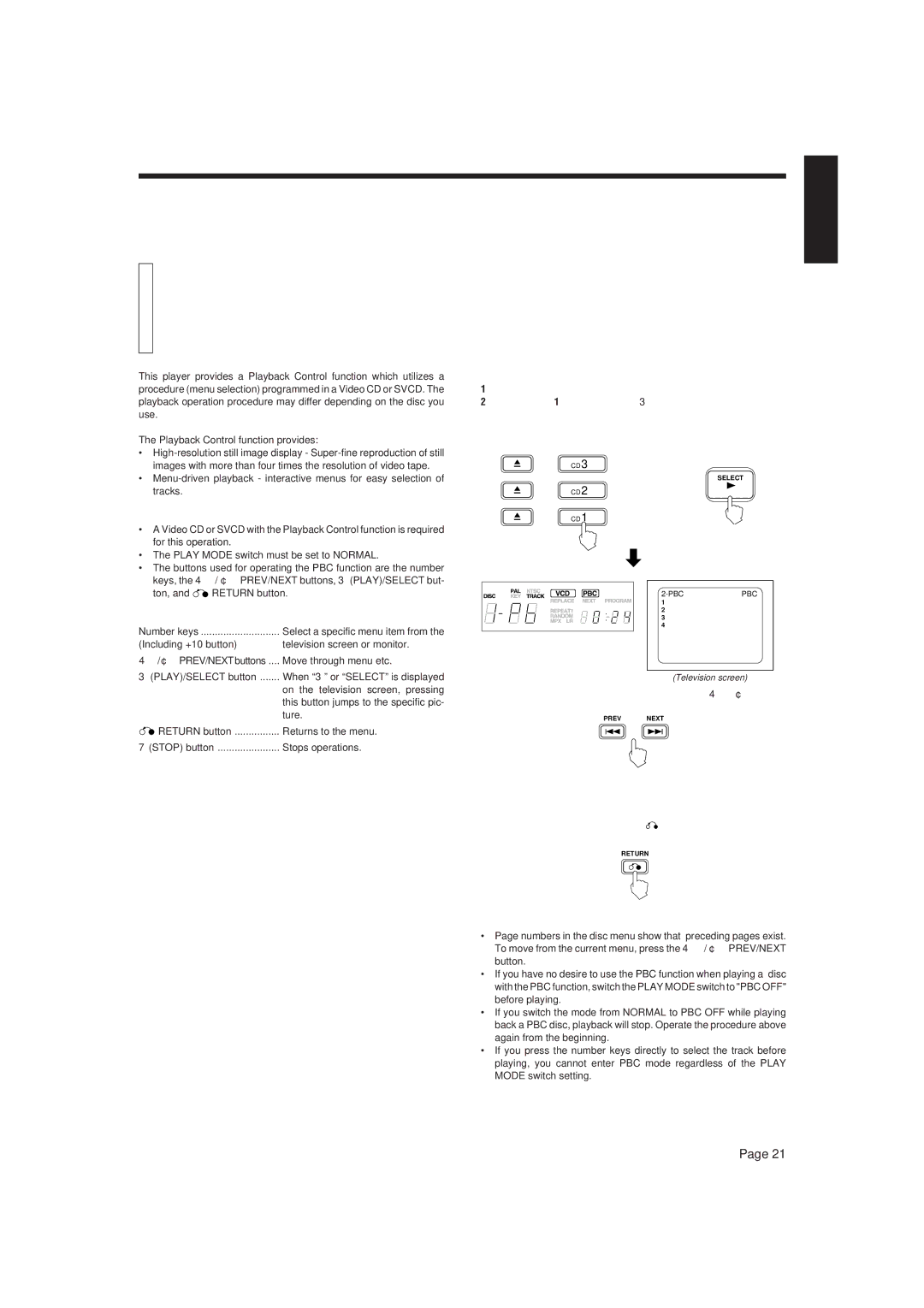 JVC XL-MV7000GD manual Playing Video CDs and SVCDs with Playback Control function, Button functions 