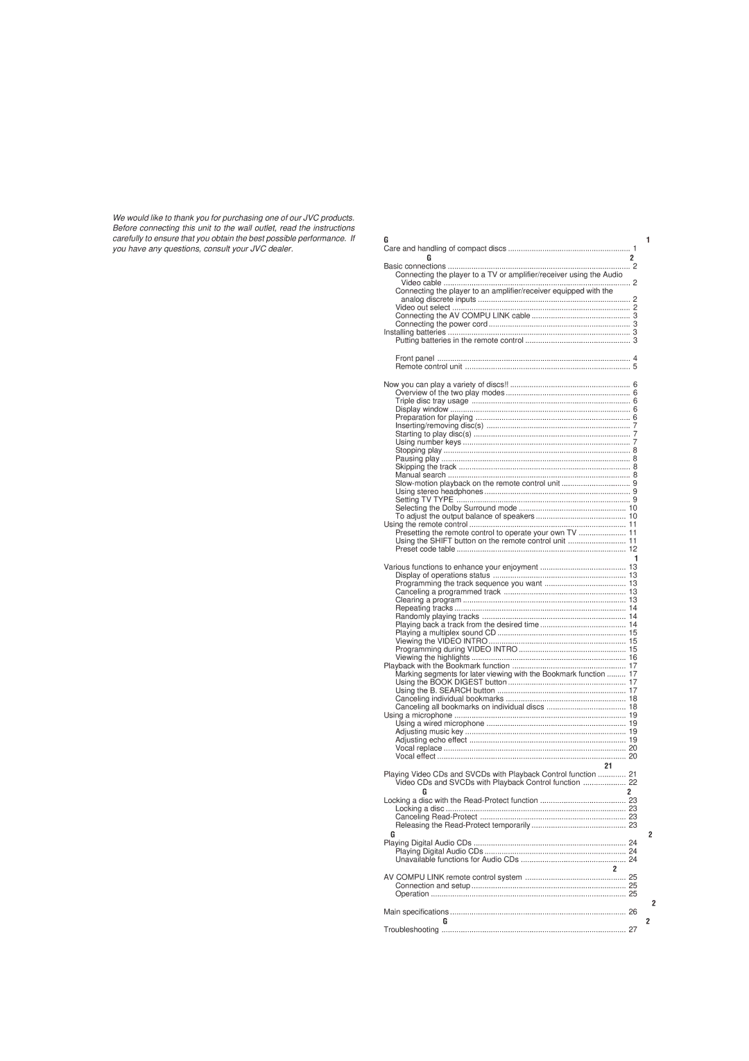 JVC XL-MV7000GD manual Table of contents 