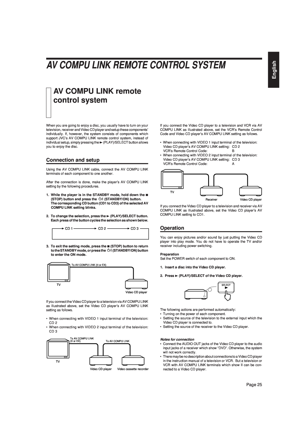JVC XL-MV7000GD Av Compu Link Remote Control System, AV COMPU LINK remote control system, Connection and setup, Operation 