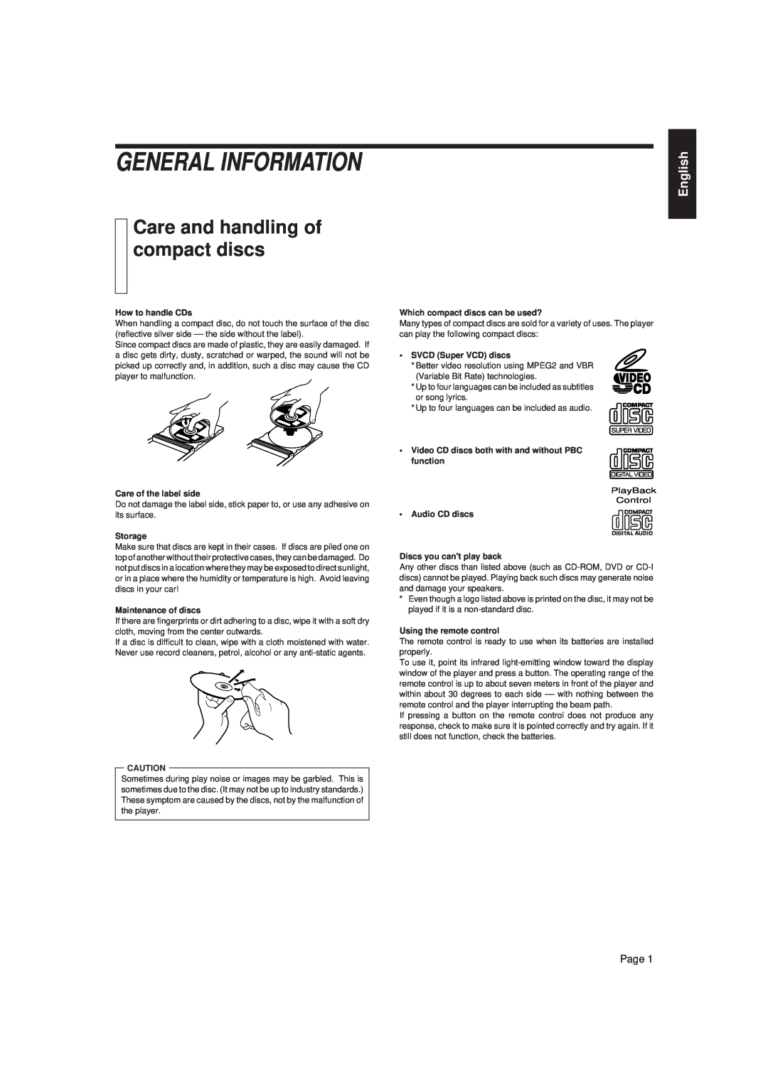 JVC XL-MV7000GD manual General Information, Care and handling of compact discs, English, Page 