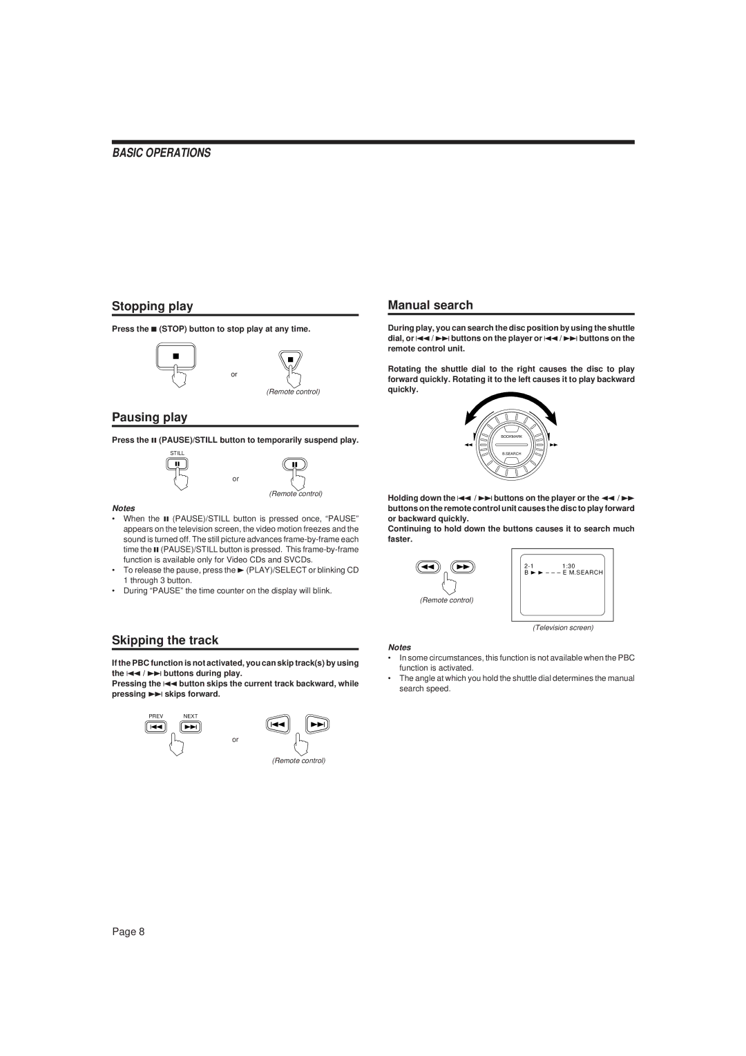 JVC XL-MV777GD, XL-MV757TN manual Stopping play, Pausing play, Skipping the track, Manual search 