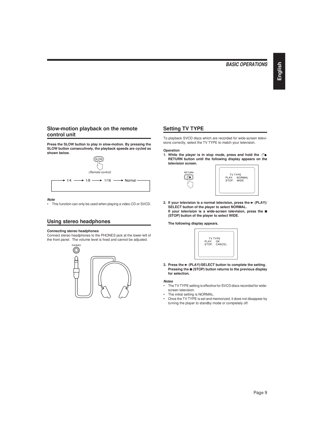JVC XL-MV757TN, XL-MV777GD manual Slow-motion playback on the remote control unit, Using stereo headphones, Setting TV Type 