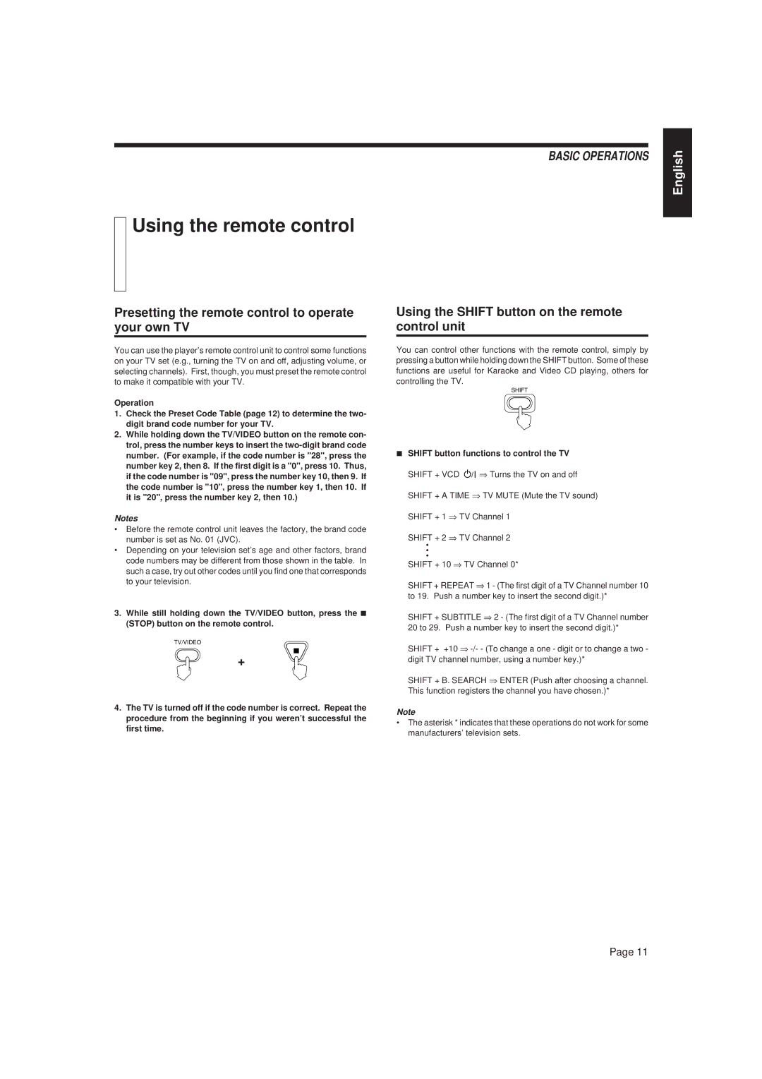 JVC XL-MV757TN, XL-MV777GD manual Using the remote control, Presetting the remote control to operate your own TV 