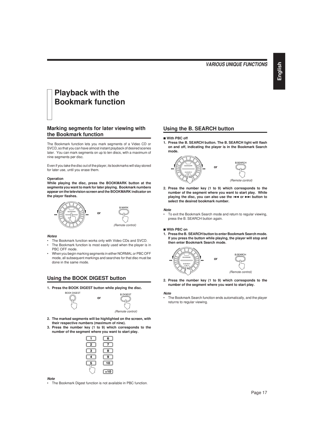 JVC XL-MV757TN Playback with Bookmark function, Using the B. Search button, Using the Book Digest button, With PBC on 