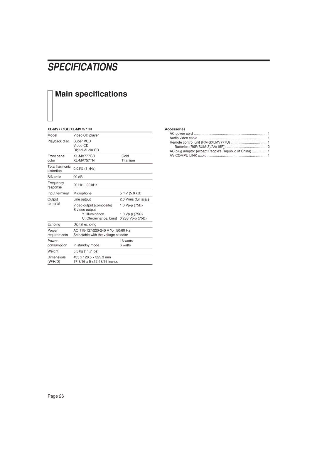 JVC XL-MV777GD, XL-MV757TN manual Specifications, Main specifications 