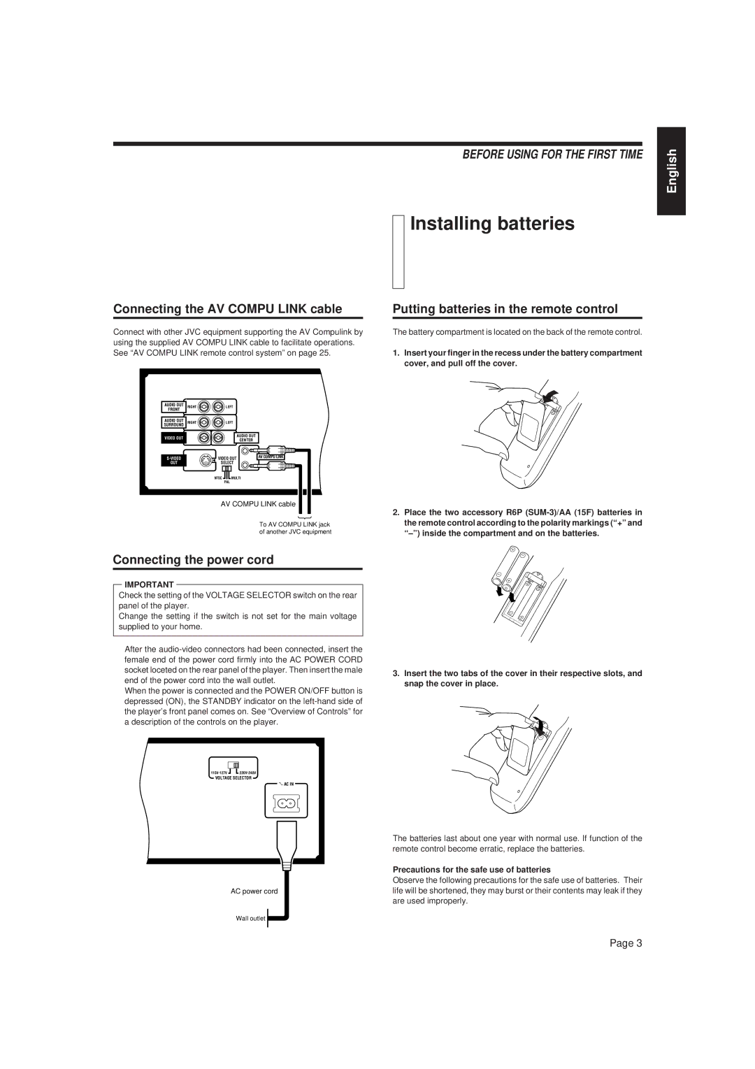 JVC XL-MV757TN manual Installing batteries, Connecting the AV Compu Link cable, Putting batteries in the remote control 