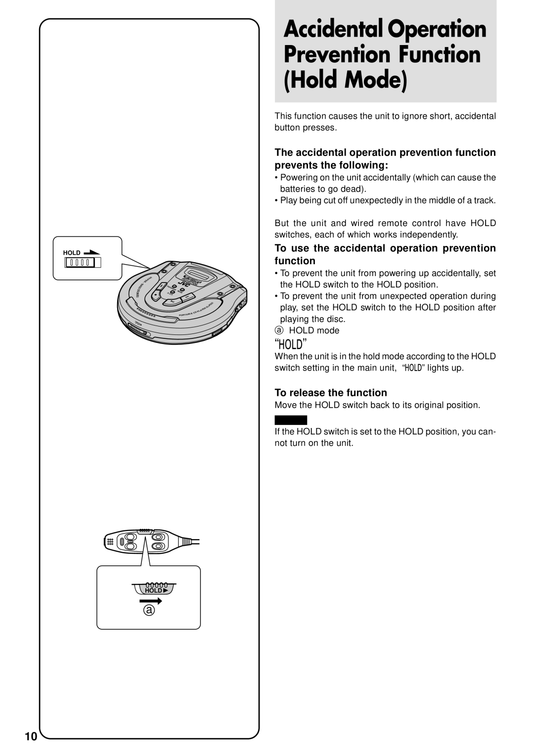 JVC XL-PG51 Accidental Operation Prevention Function Hold Mode, To use the accidental operation prevention function 