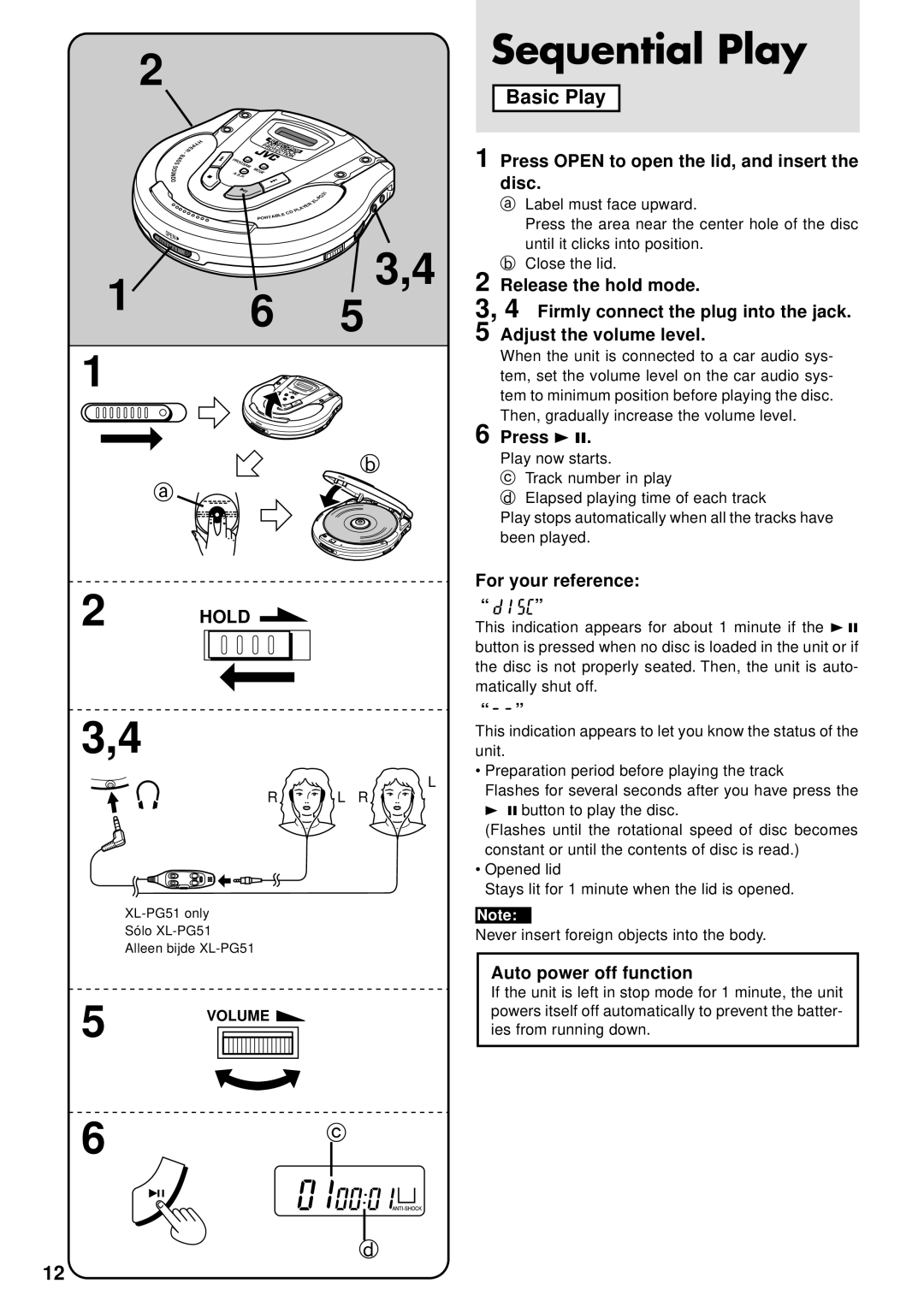 JVC XL-PG31, XL-PG51 Sequential Play, Press Open to open the lid, and insert the disc, Press 3, For your reference 