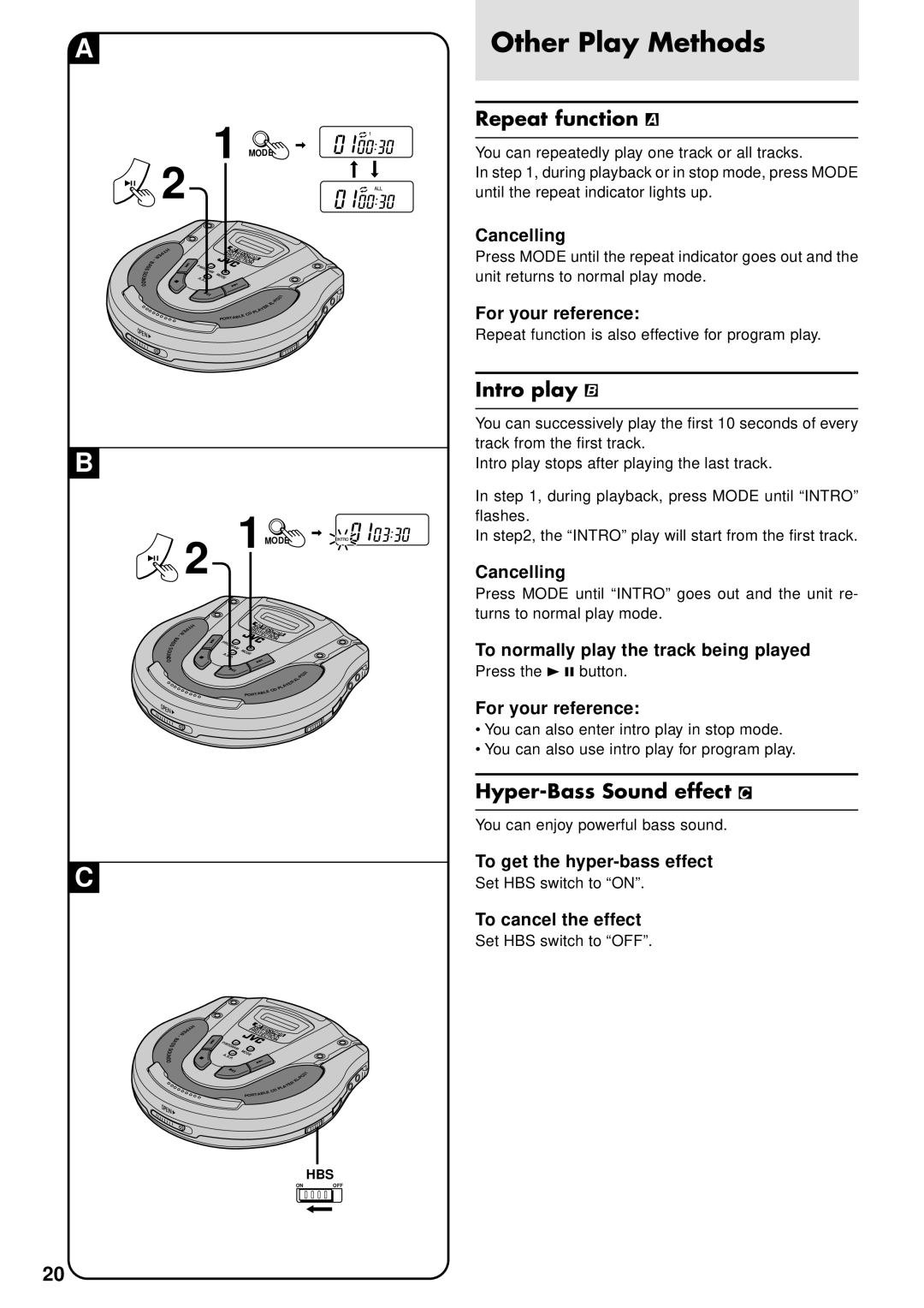 JVC XL-PV310, XL-PG31, XL-PG51 operating instructions Repeat function, Intro play, Hyper-Bass Sound effect 