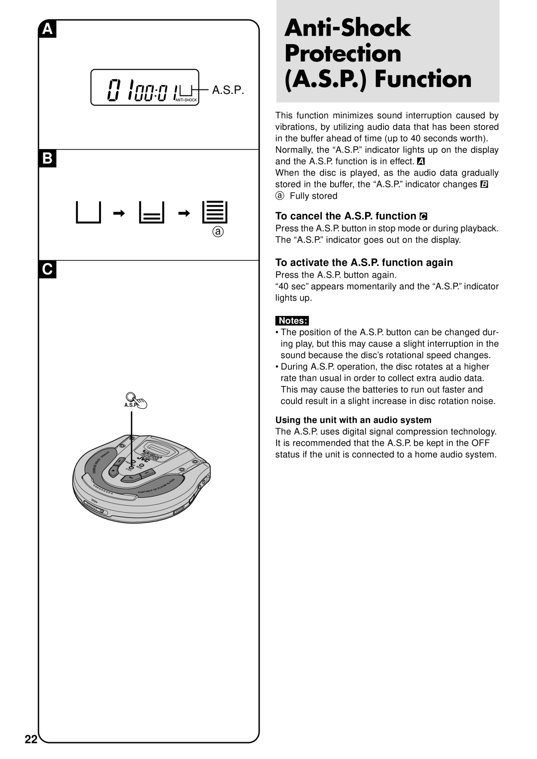 JVC XL-PG51 Anti-Shock Protection P. Function, To cancel the A.S.P. function, To activate the A.S.P. function again 