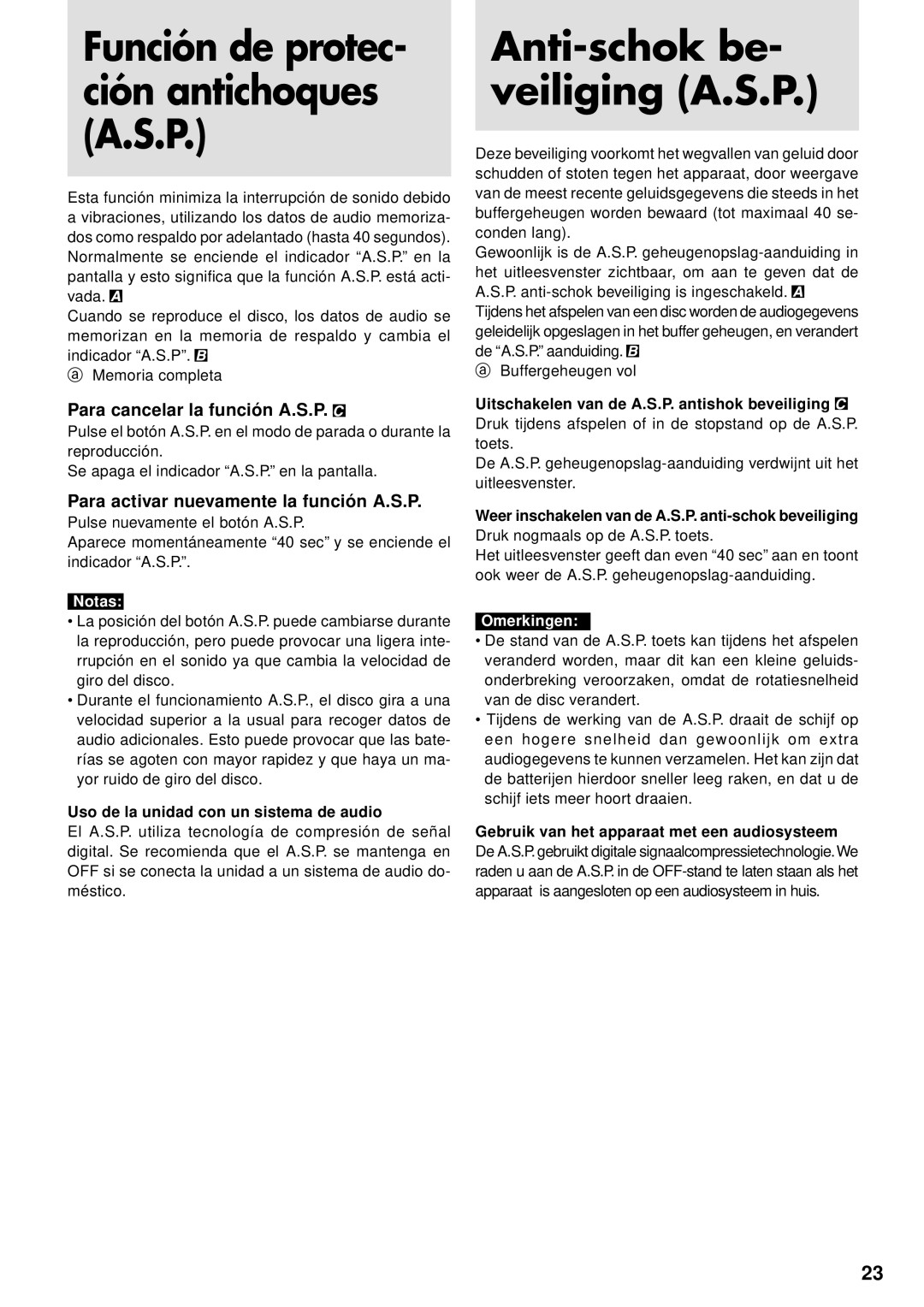 JVC XL-PV310 Anti-schok be- veiliging A.S.P, Para cancelar la función A.S.P, Para activar nuevamente la función A.S.P 