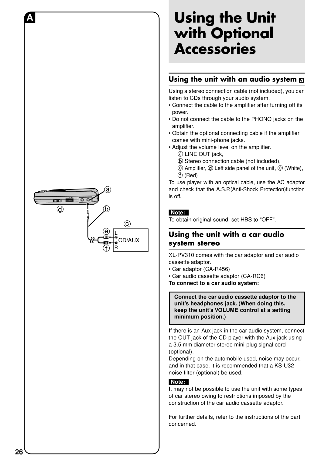 JVC XL-PV310, XL-PG31, XL-PG51 Using the Unit with Optional Accessories, Using the unit with an audio system 