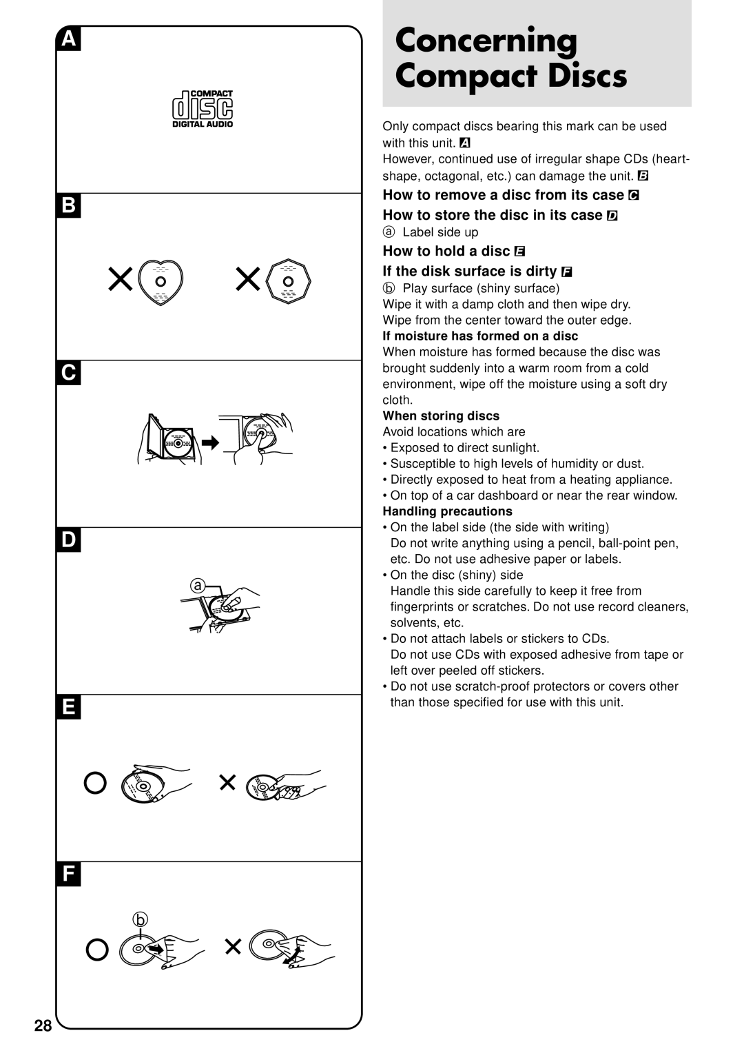 JVC XL-PG51 Concerning Compact Discs, How to hold a disc If the disk surface is dirty, If moisture has formed on a disc 