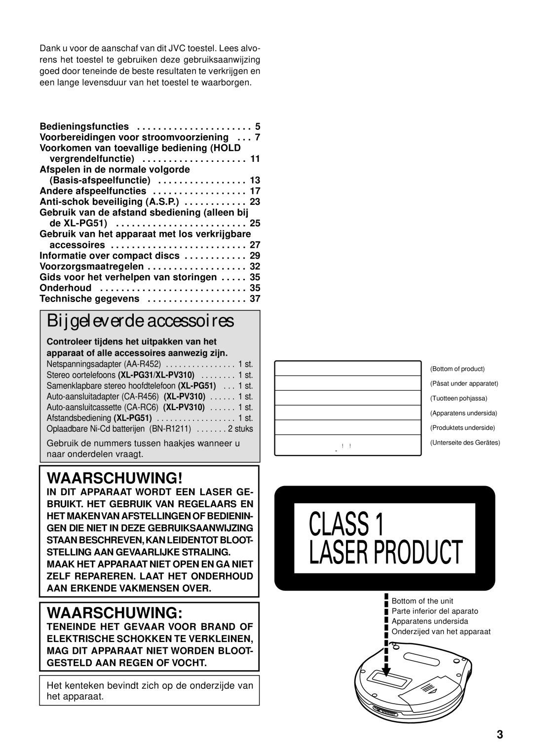 JVC XL-PG31, XL-PG51, XL-PV310 operating instructions Geachte klant 