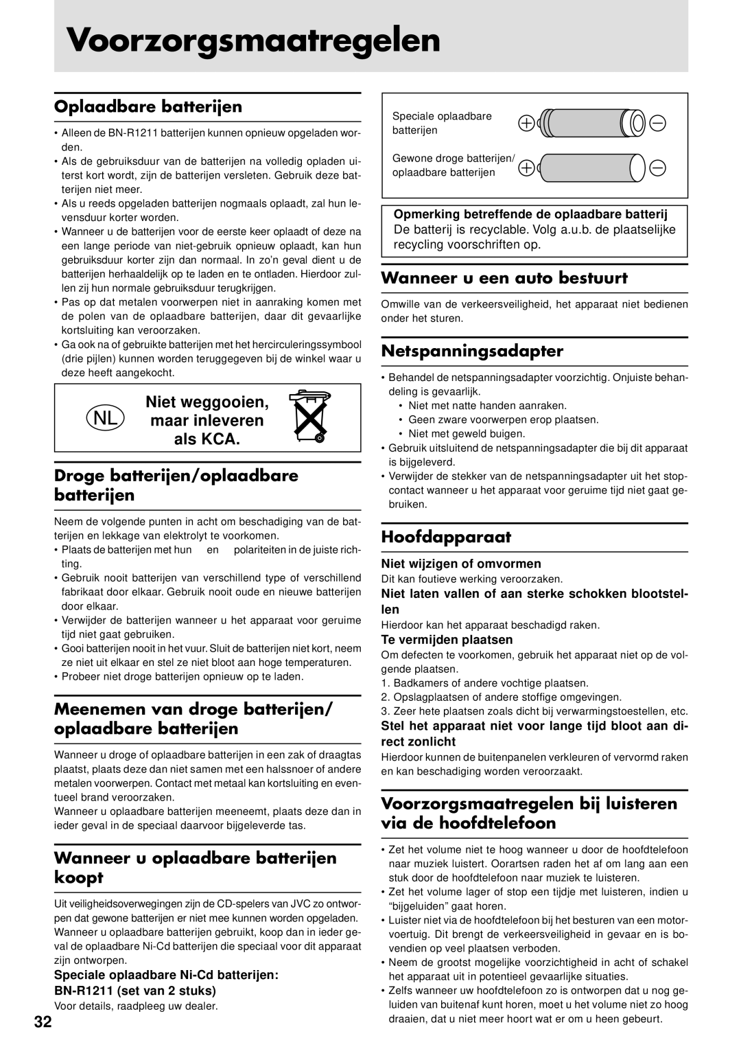 JVC XL-PV310, XL-PG31, XL-PG51 operating instructions Voorzorgsmaatregelen 