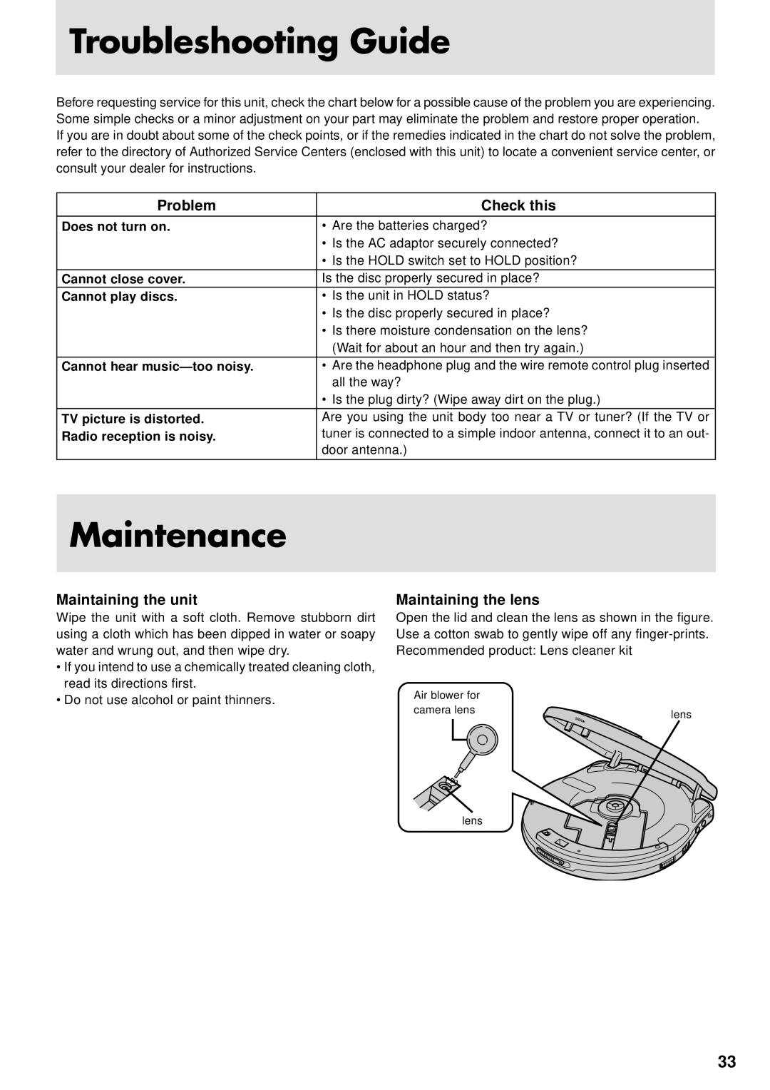 JVC XL-PG31, XL-PG51 Troubleshooting Guide, Maintenance, Problem Check this, Maintaining the unit, Maintaining the lens 