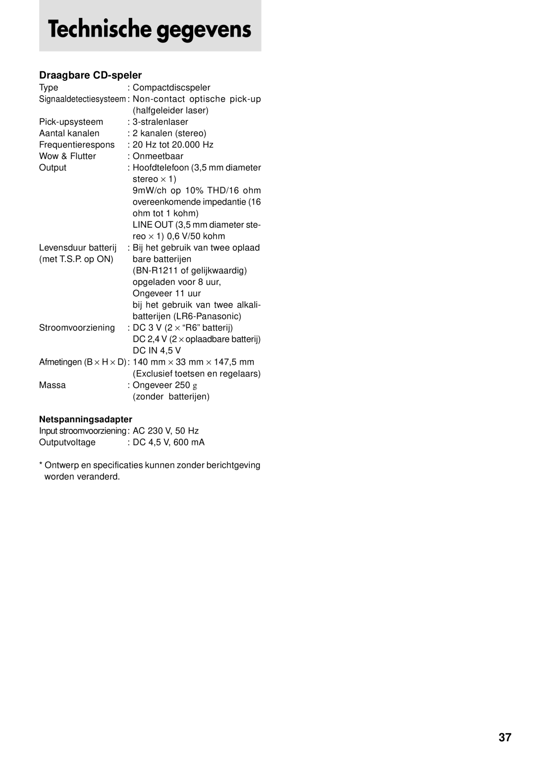 JVC XL-PG51, XL-PG31, XL-PV310 operating instructions Technische gegevens, Draagbare CD-speler, Netspanningsadapter 