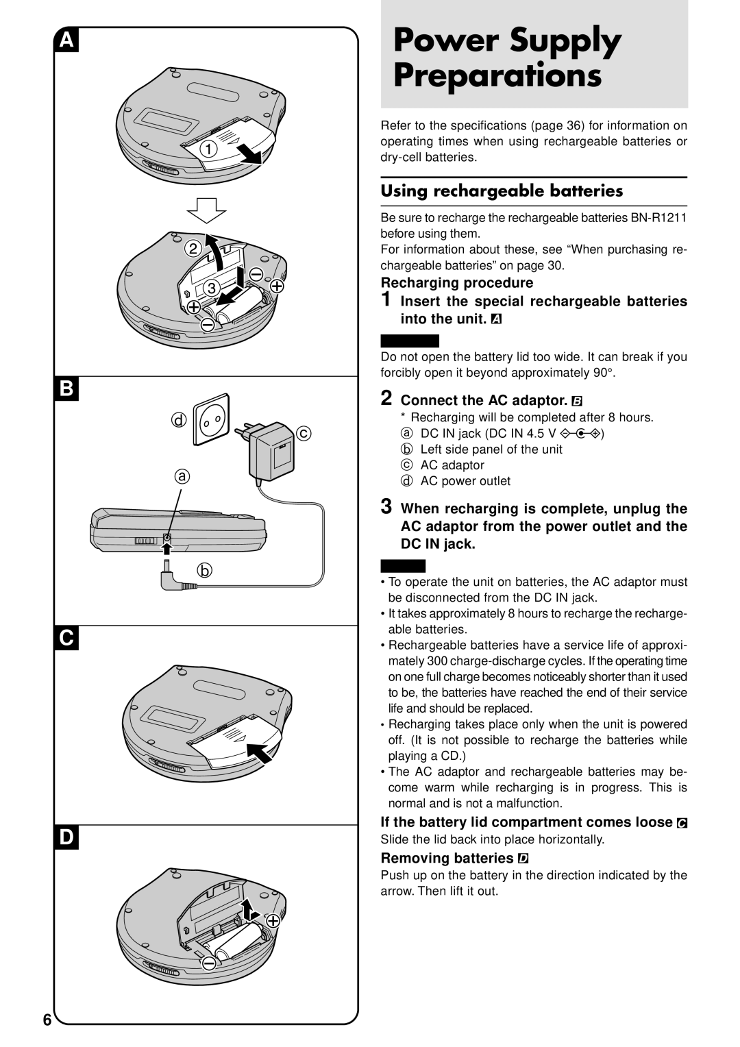 JVC XL-PG31, XL-PG51 Power Supply Preparations, Using rechargeable batteries, Connect the AC adaptor, Removing batteries 