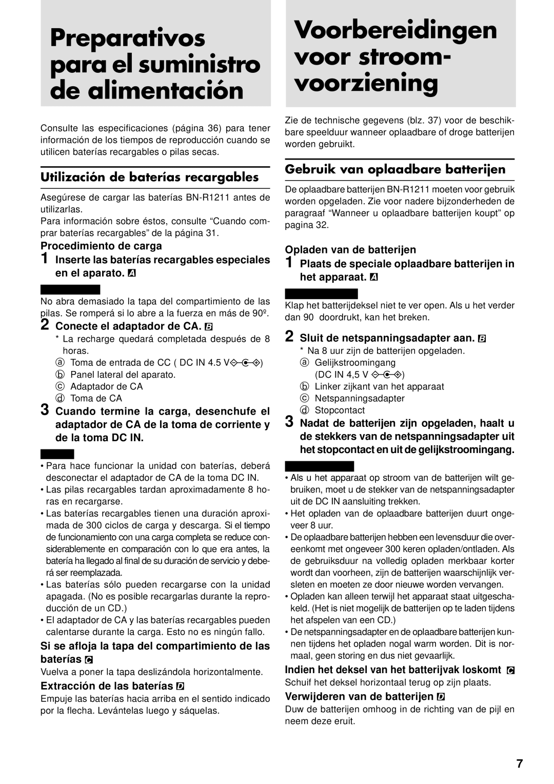 JVC XL-PG51, XL-PG31, XL-PV310 Preparativos para el suministro de alimentación, Voorbereidingen voor stroom- voorziening 