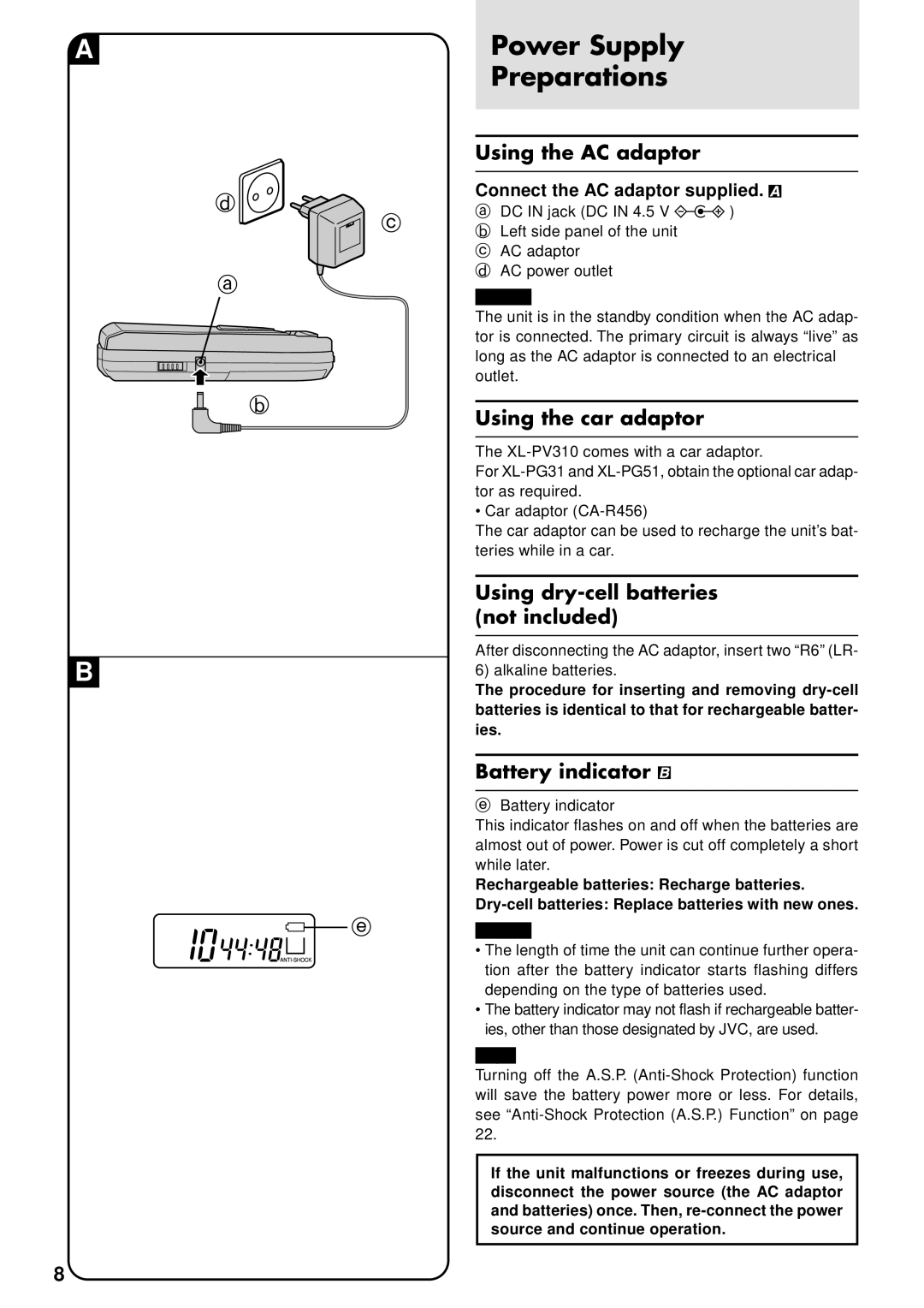 JVC XL-PV310 Power Supply Preparations, Using the AC adaptor, Using the car adaptor, Using dry-cell batteries not included 