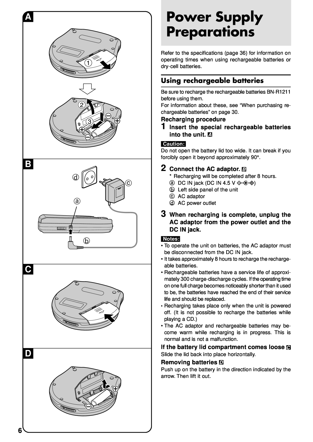 JVC XL-PG31, XL-PG51, XL-PV310 operating instructions Power Supply Preparations, d c a b, Using rechargeable batteries 
