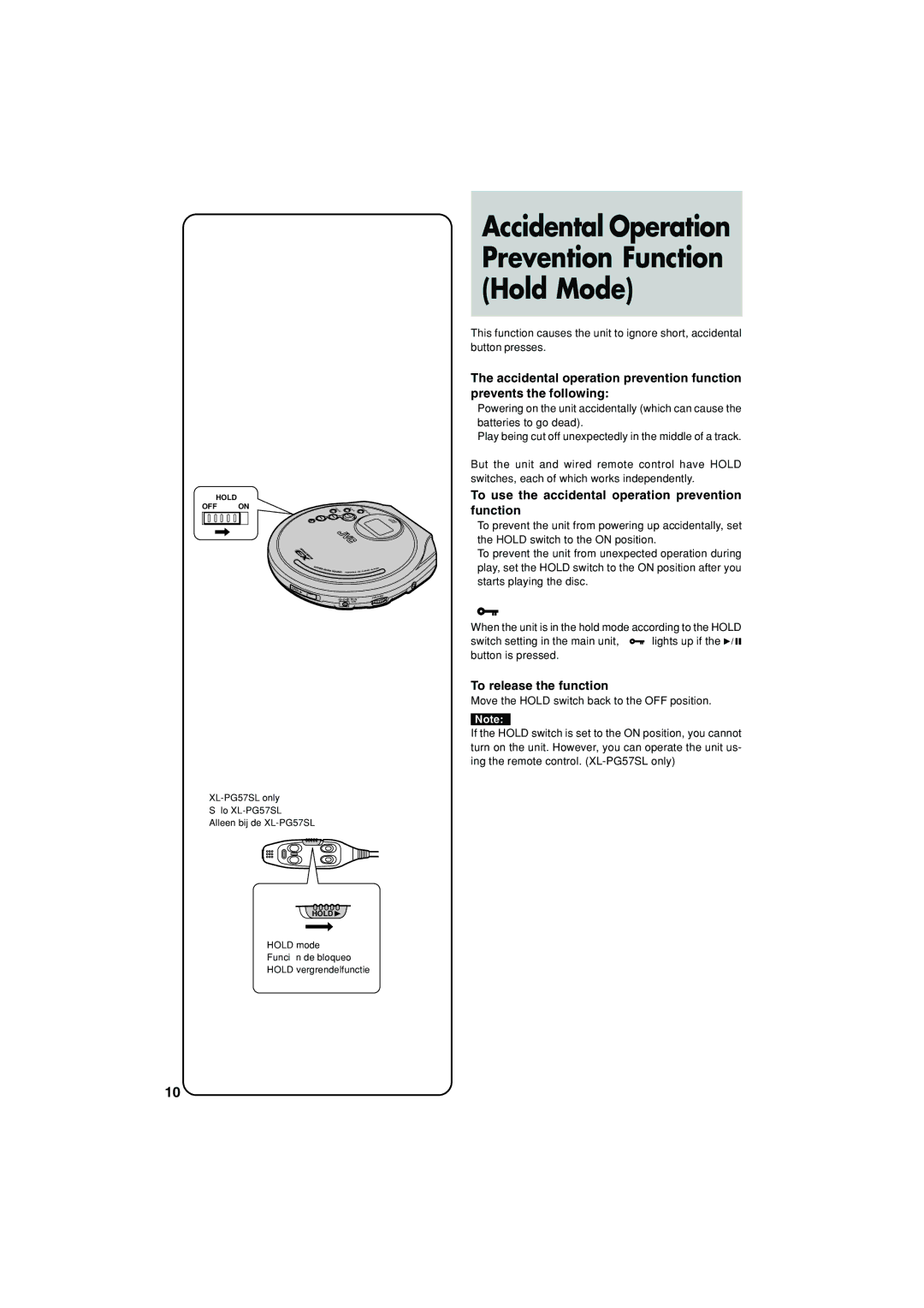 JVC XL-PG57SL Accidental Operation Prevention Function Hold Mode, To use the accidental operation prevention function 