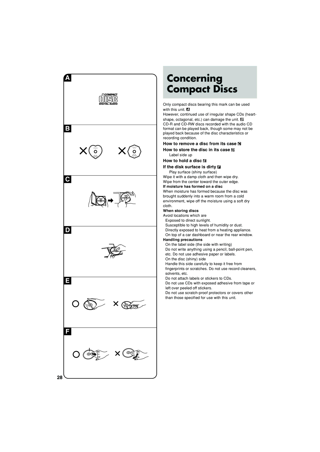 JVC XL-PG57SL Concerning Compact Discs, How to hold a disc If the disk surface is dirty, If moisture has formed on a disc 