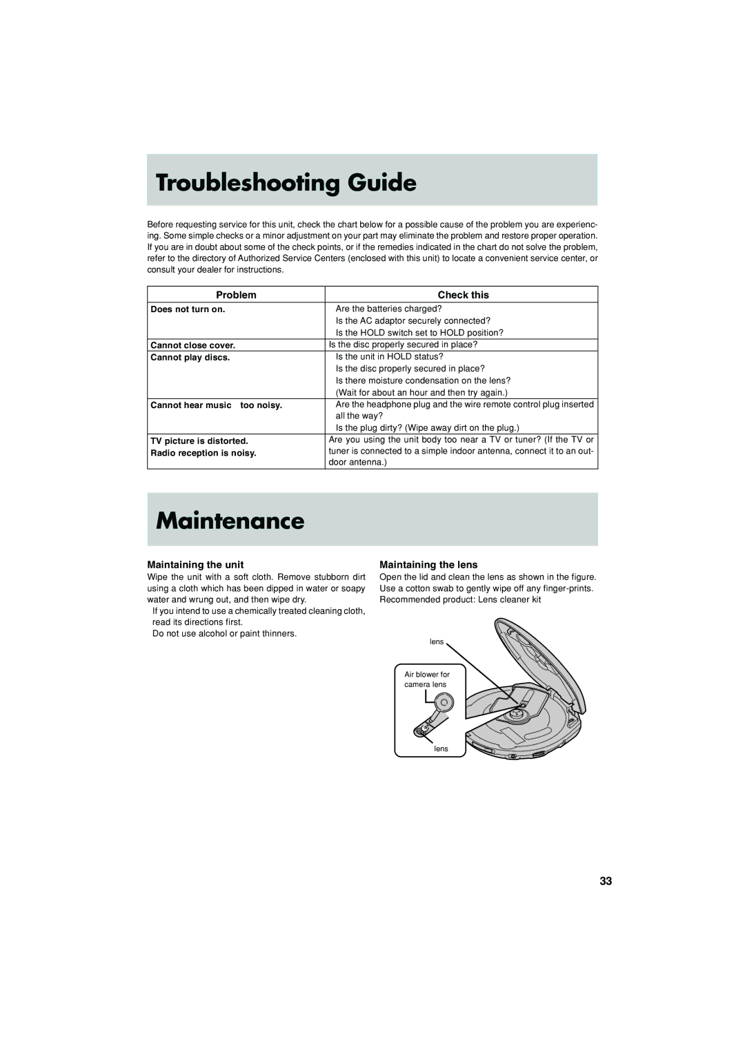 JVC XL-PG37SL Troubleshooting Guide, Maintenance, Problem Check this, Maintaining the unit, Maintaining the lens 