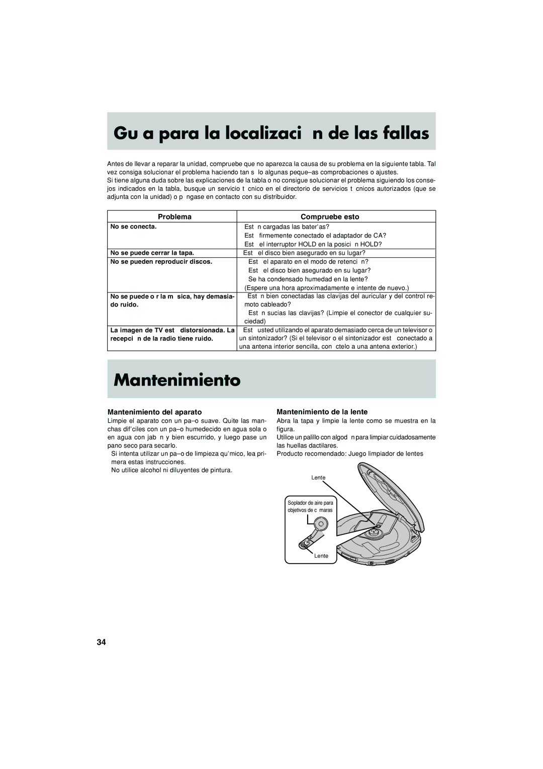 JVC XL-PG57SL, XL-PG37SL Guía para la localización de las fallas, Problema Compruebe esto, Mantenimiento del aparato 