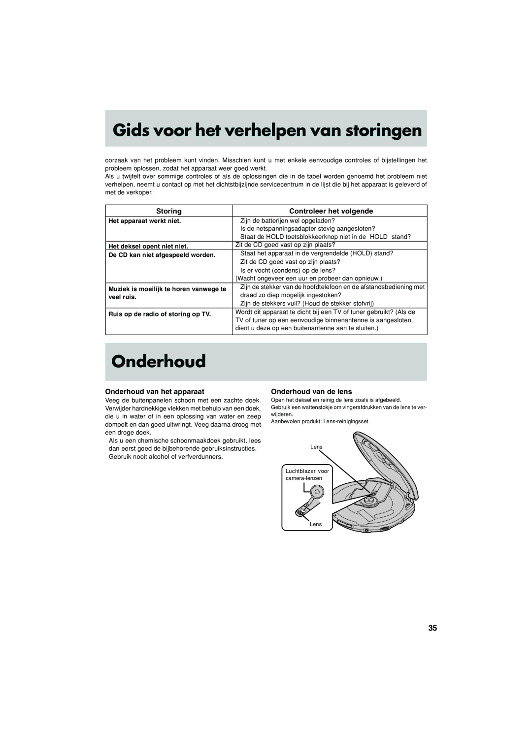 JVC XL-PV370SL Gids voor het verhelpen van storingen, Storing Controleer het volgende, Onderhoud van de lens 