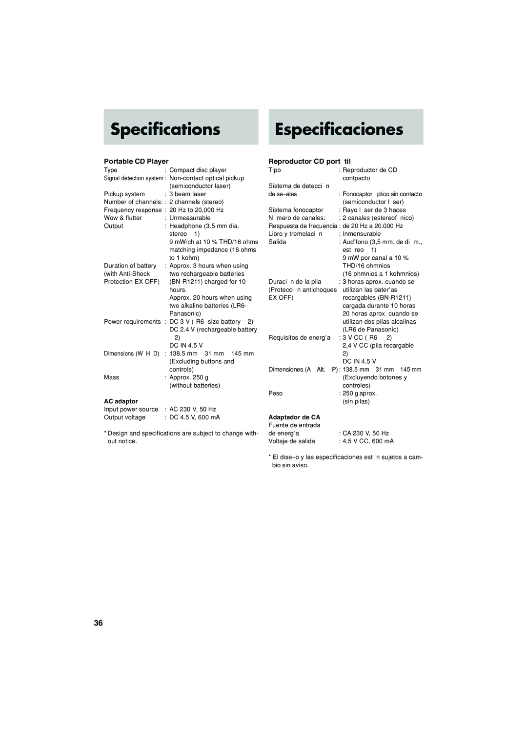 JVC XL-PG37SL Specifications Especificaciones, Portable CD Player, Reproductor CD portátil, AC adaptor, Adaptador de CA 