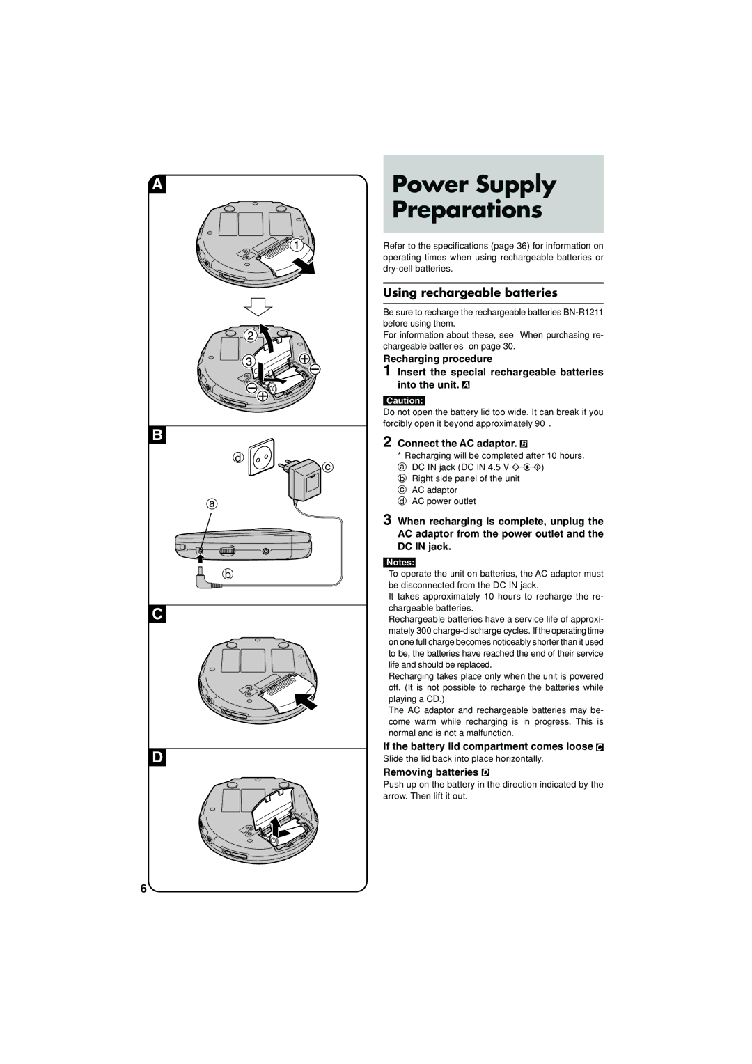 JVC XL-PG37SL Power Supply Preparations, Using rechargeable batteries, Connect the AC adaptor, Removing batteries 