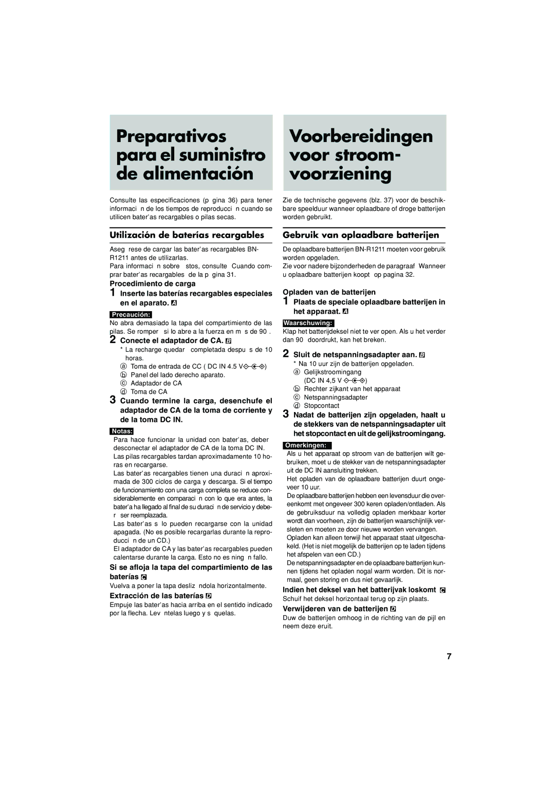 JVC XL-PG57SL, XL-PG37SL, XL-PV370SL Utilización de baterías recargables, Gebruik van oplaadbare batterijen 