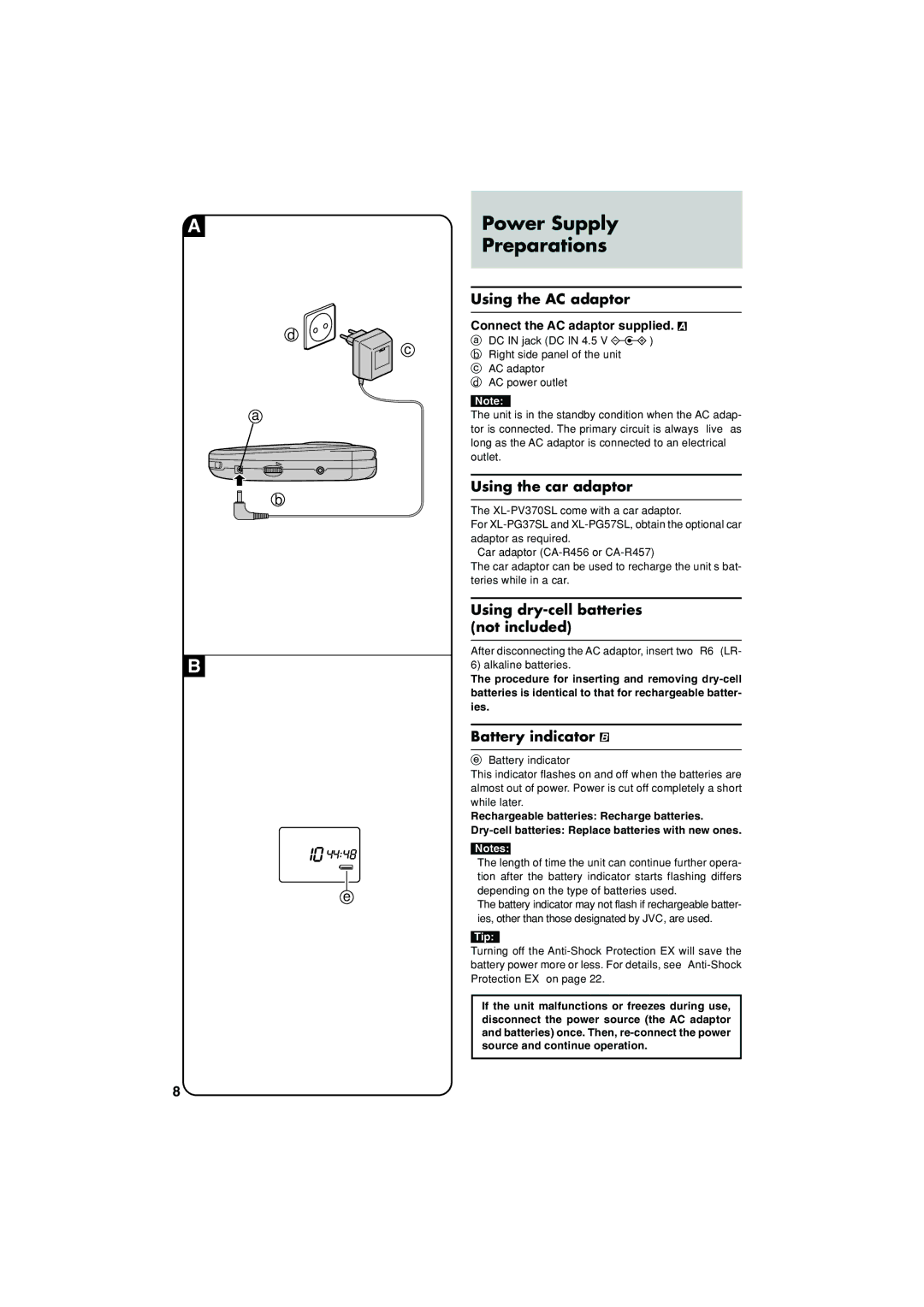 JVC XL-PV370SL, XL-PG37SL Power Supply Preparations, Using the AC adaptor, Using the car adaptor, Battery indicator 