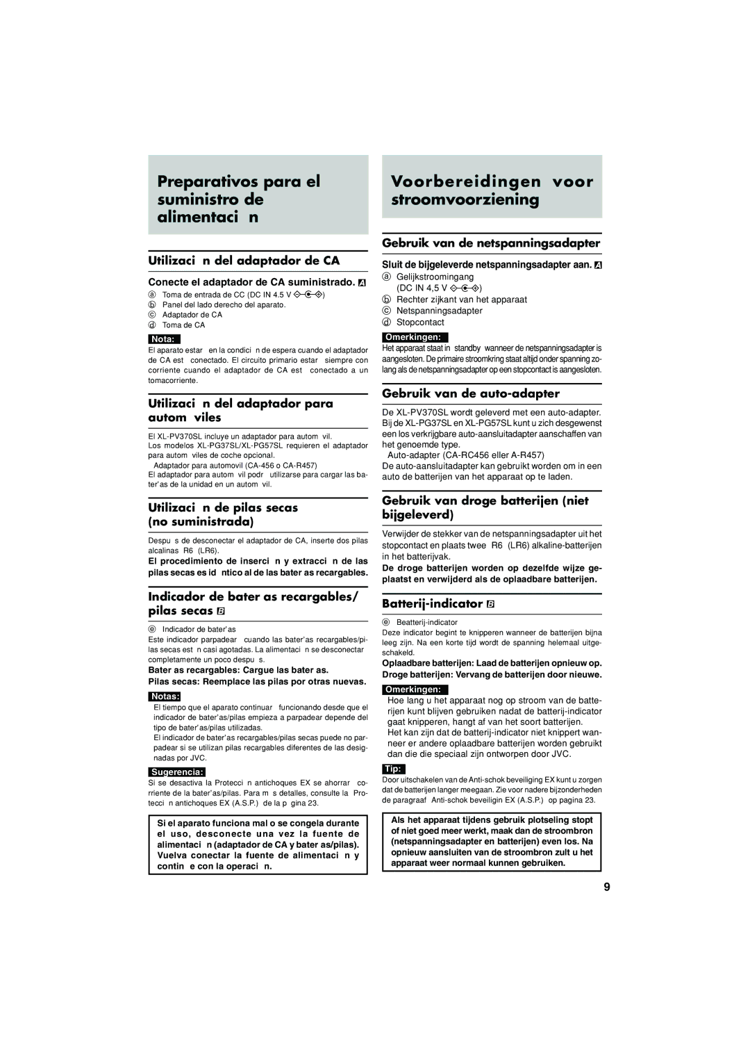 JVC XL-PG37SL, XL-PG57SL Preparativos para el suministro de alimentación, Voorbereidingen voor stroomvoorziening 