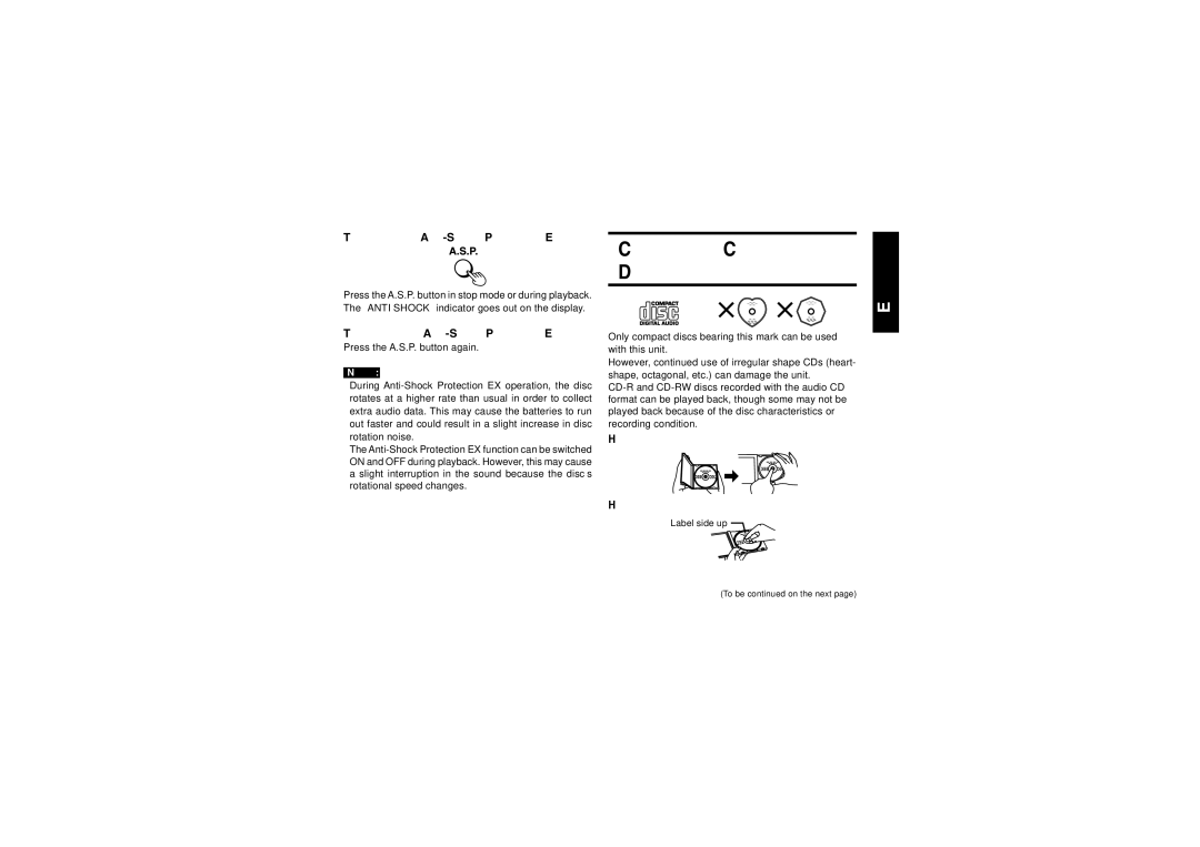 JVC XL-PG38BP operating instructions Concerning Compact Discs, To cancel the Anti-Shock Protection EX 