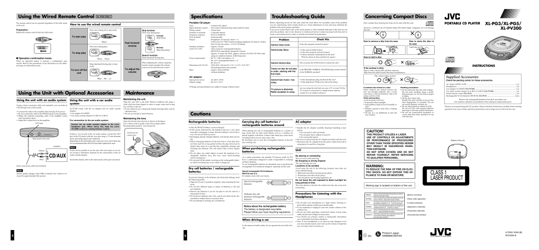 JVC XL-PV300, XL-PG5 specifications How to use the wired remote control, Using the unit with an audio system, Unit 