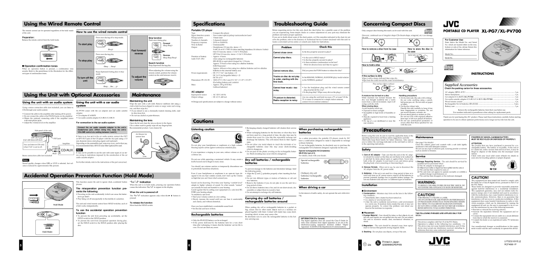 JVC XL-PV700 specifications How to use the wired remote control, Using the unit with an audio system, Listening caution 