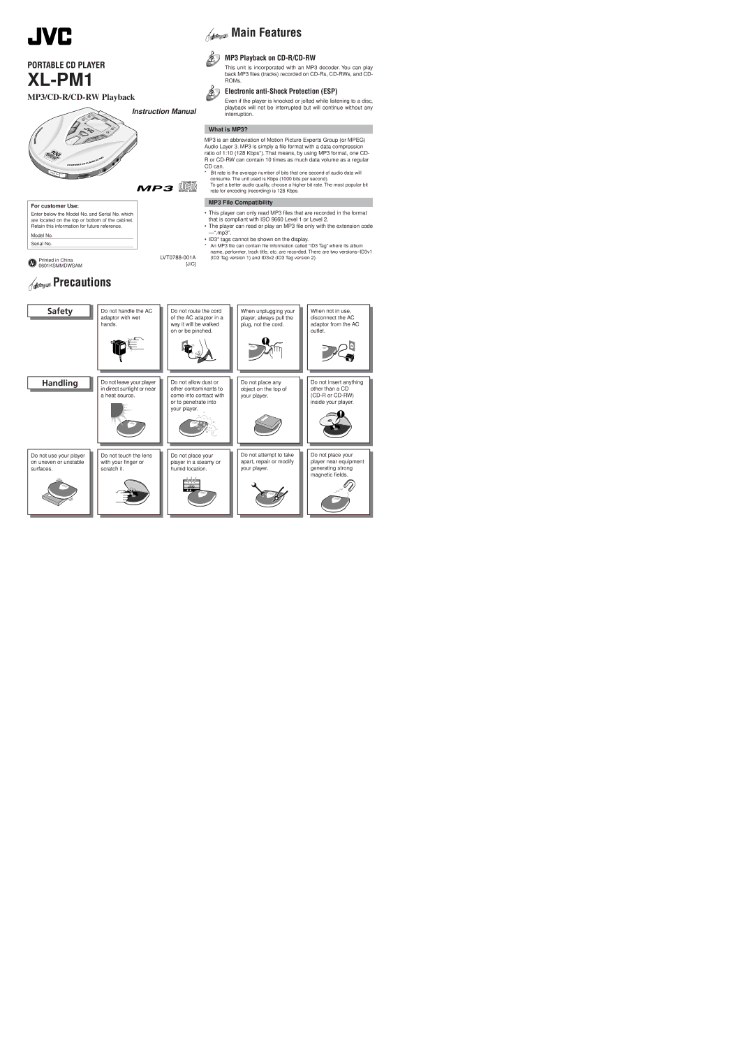 JVC XL-PM1 instruction manual Main Features, Precautions, Safety, Handling 