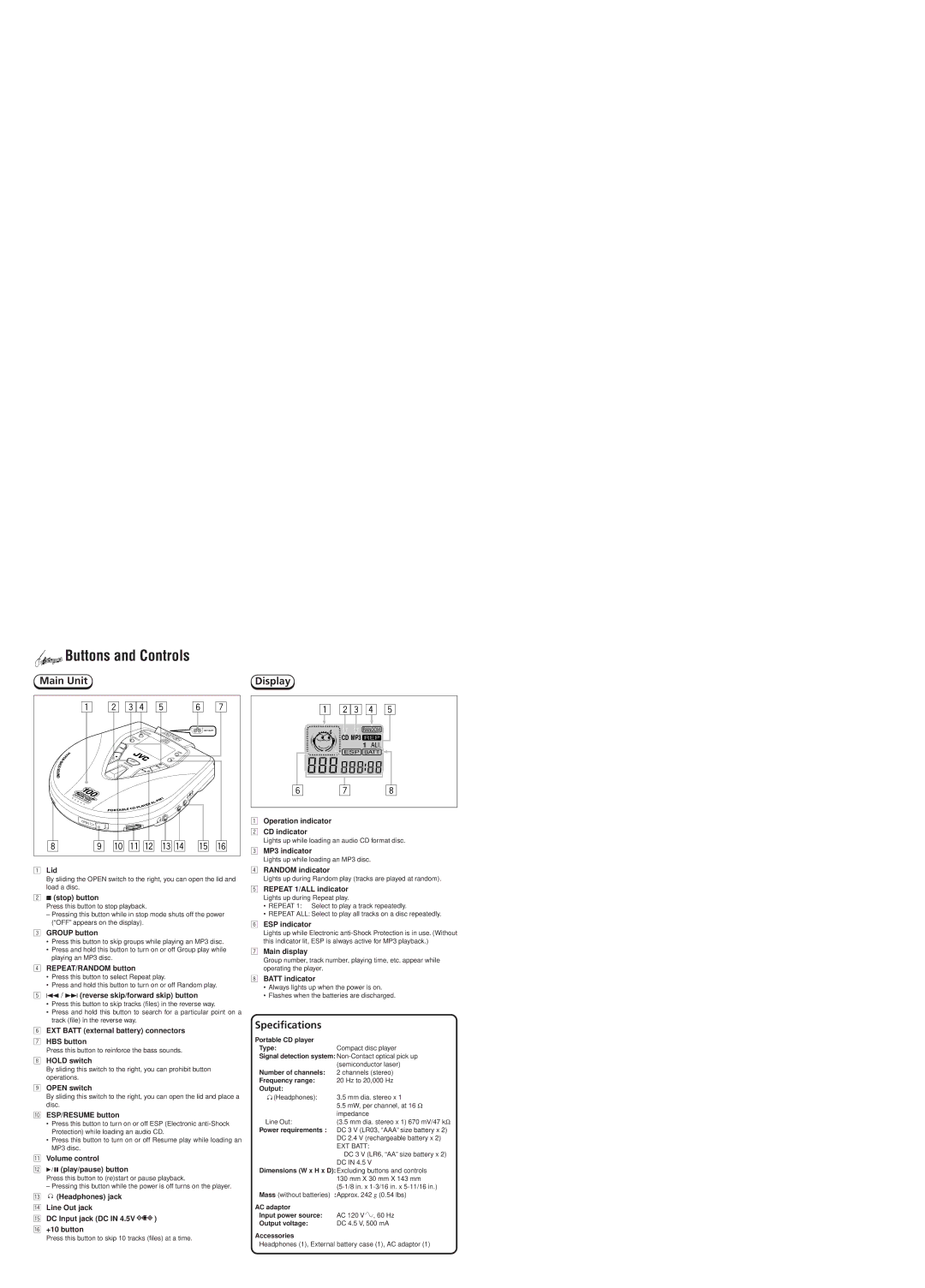 JVC XL-PM1 instruction manual Buttons and Controls, Main Unit, Specifications 